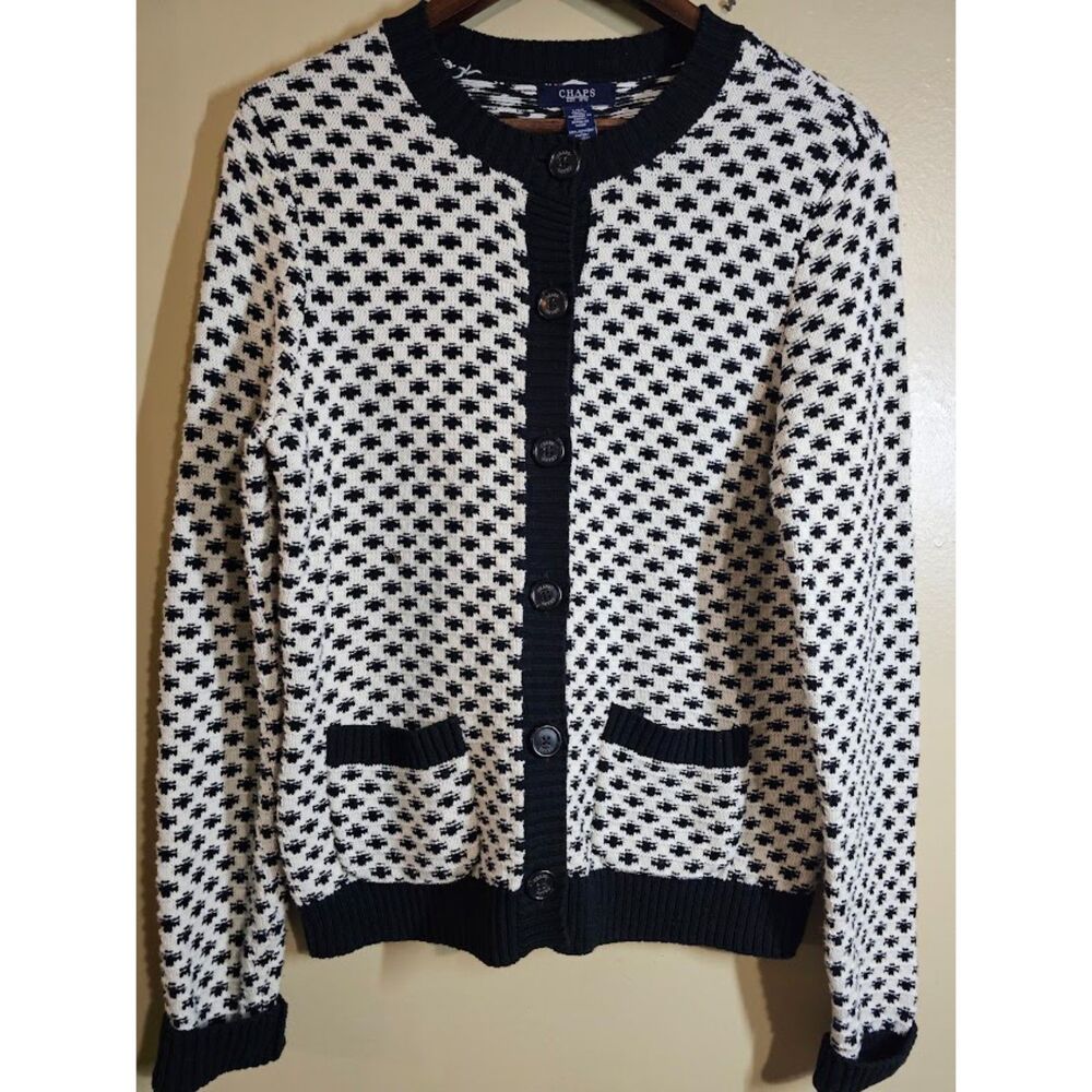 Chaps Black/White Houndstooth Knit Button Front Cardigan Sweater Pockets L/G